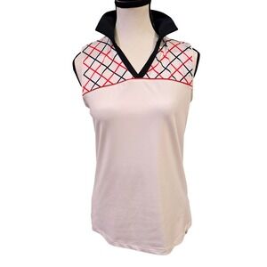 Lady Hagen Womens Golf Polo Shirt White Red Black Plaid Sleeveless Collared Sm